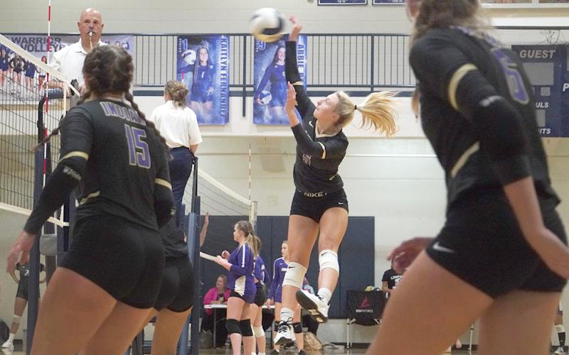 Lexi Pierce goes up for a kill during Lumpkin’s win over Chestatee. Pierce has settled into her role as hitter for Lumpkin, becoming a constant threat for opposing teams.
