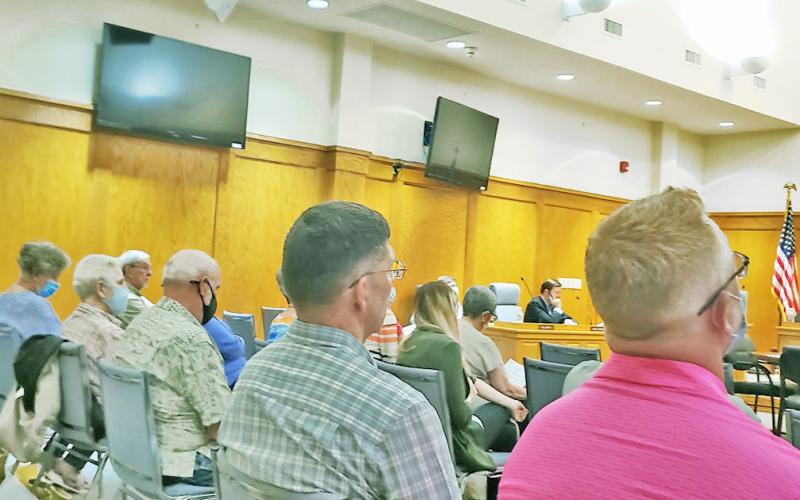 Residents pack into the Gary McCullough meeting room to hear whether Ordinance 2021-12 will be approved. The issue most on residents minds was the possibility of short term rentals being allowed in the new development, called The Ridge.