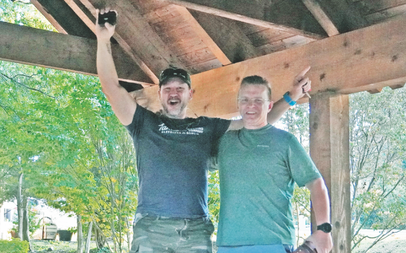 Andy Lowe, left, and Brad Eldredge were the fast moving treasure hunters who were able to locate the hidden golden nugget near Old Lucky stamp mill last Wednesday.