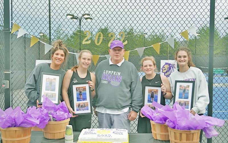LCHS Tennis honored its seniors (from left) Karen Harris, Cady Geddings, Carly Sosebee and Hannah Davis after its win over Dawson on Tuesday.