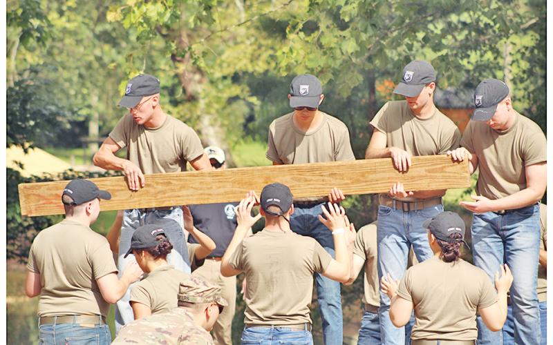 New University of North Georgia cadets get an intense lesson in teamwork while joining forces at the Pine Valley Outdoor Recreational Facility during FROG (Freshmen Recruit Orientation Group) Week.