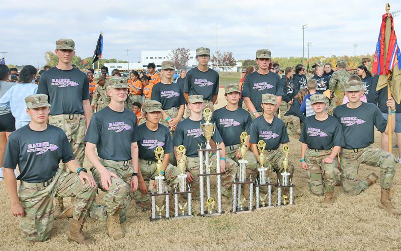 Lumpkin County High School Raiders team members include (front row, from left) Cameron Rairigh, Greg Hornbeck, Karen Quiroz, Noah Stover, Gideon O’Bryant, Ru Helvie, Ashlyn Jewell, and Titus Hess.  (Back row, from left) Jake McKaskle, Selah Miller, Brianna Mikeals, and Chase Cootware.