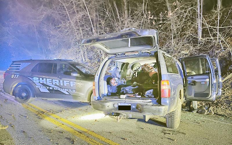 A chase across county lines resulted in a collision on Highway 52 when suspect Jody Shea allegedly struck a Lumpkin County Sheriff’s Office patrol car. (Photo courtesy of LCSO)