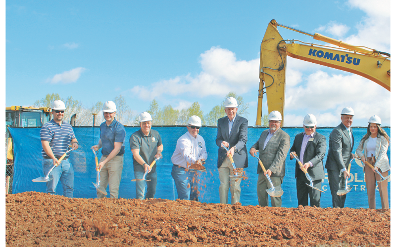 Some of the officials in attendance at the aquatic center groundbreaking March 24 included (from left) Carroll Daniel Senior Project Manager Brandon Harmon, Commissioner Rhett Stringer, Commissioner Jeff Moran, Commissioner Bobby Mayfield, County Manager Alan Ours, Chairman Chris Dockery, School Superintendent Rob Brown, Senator Steve Gooch and Parks &amp; Rec Advisory Board Chair Brooke Smith.