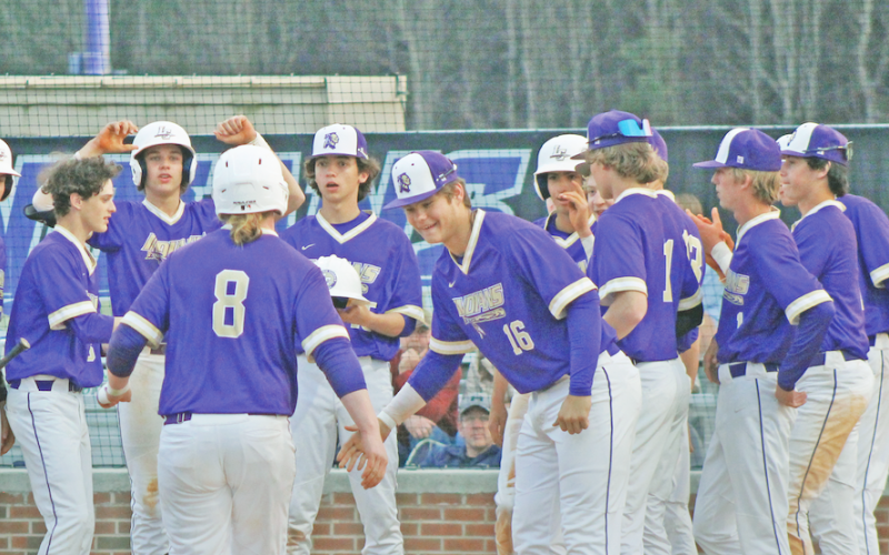 The Lumpkin County High School baseball team celebrates Cooper Scott’s homer against West Hall last week.
