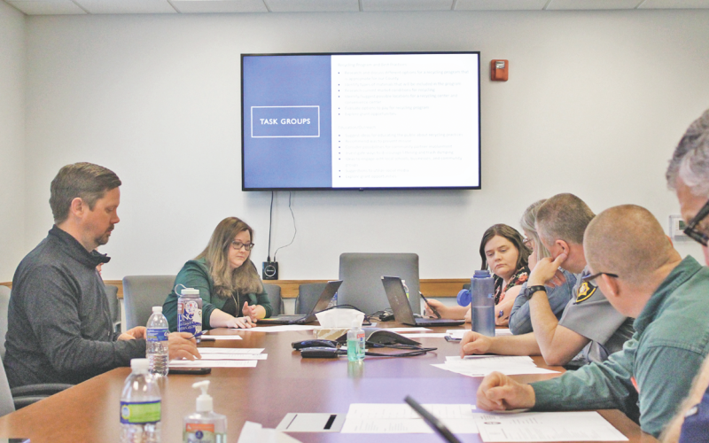 Members and staff of the Lumpkin County Recycling and Litter Committee debate assignments and procedures at their introductory meeting on March 16.