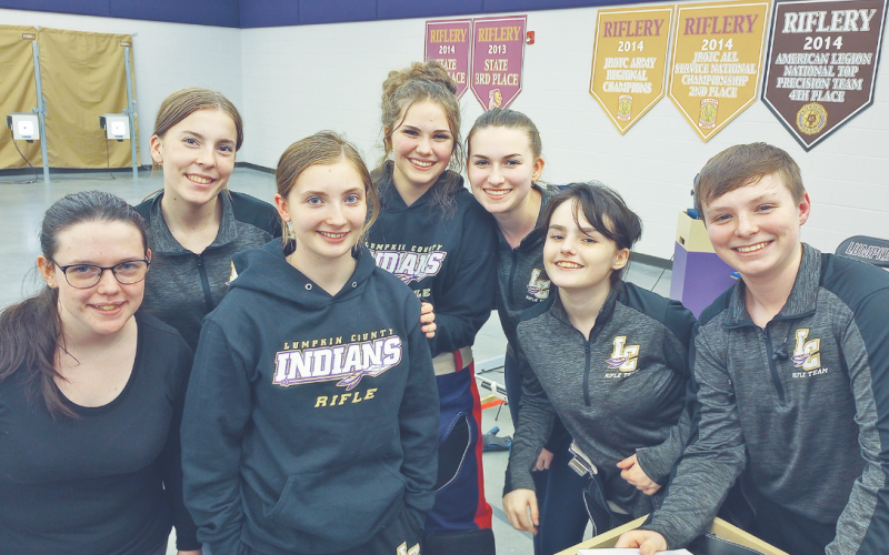 Lumpkin County High School Rifle Team members pictured (from left) are Elliza Phillips, Laura Hoch, Liv Lusky, Brynn Foster, Maddy Moyer, Ravan Moore and J.T. Wright.