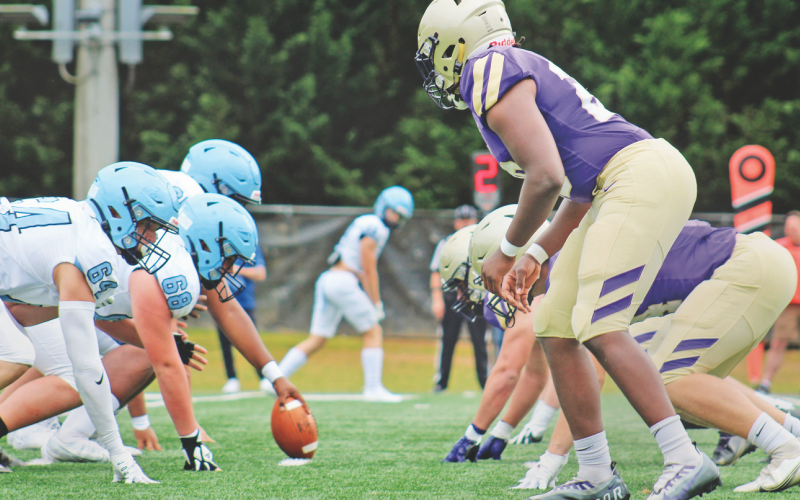 The Lumpkin County defense lines up against the North Cobb Christian offense in the spring game on Friday night.