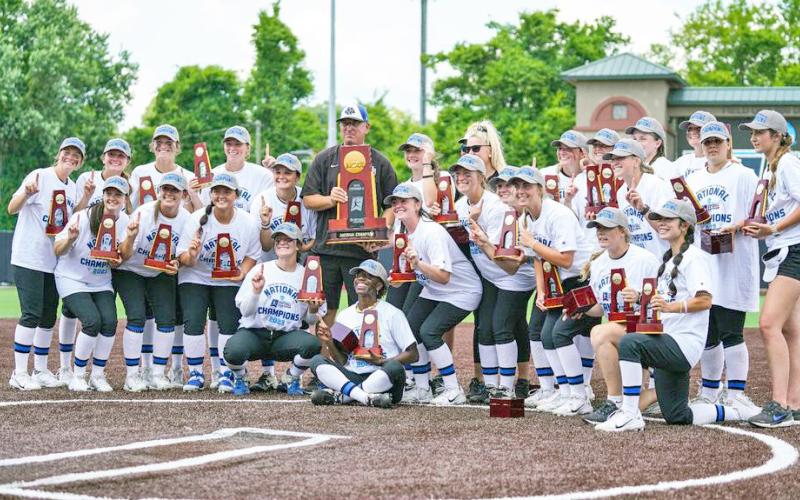 The Nighthawks celebrate their hard-fought victory over Grand Valley State in the final round of the NCAA Division II National Championships. (photo by Ben Lilley / UNG)