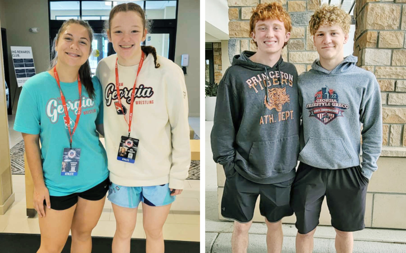 LEFT: Gwendalyn Wight and Nora Garbuzovas prepare for their big day at the competition in Fargo.  RIGHT: Austin Marshall and Nathan Nielsen arrive in Fargo for their national competition.