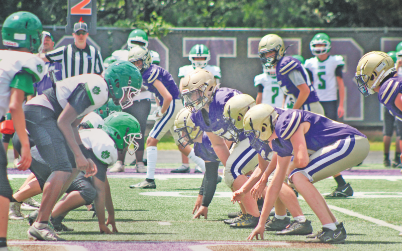 The Lumpkin County Middle School offensive line squares off with Franklin’s defense during last week’s scrimmage game.