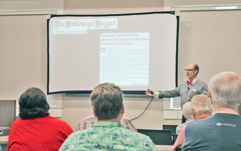 Dr. Doug Frank began his presentation at the Lumpkin County Library by noting that at least one attendee had learned of the event from reading local letters to the editor. “If you don’t want people to find out about something, don’t object to it in the media,” Frank told the audience.