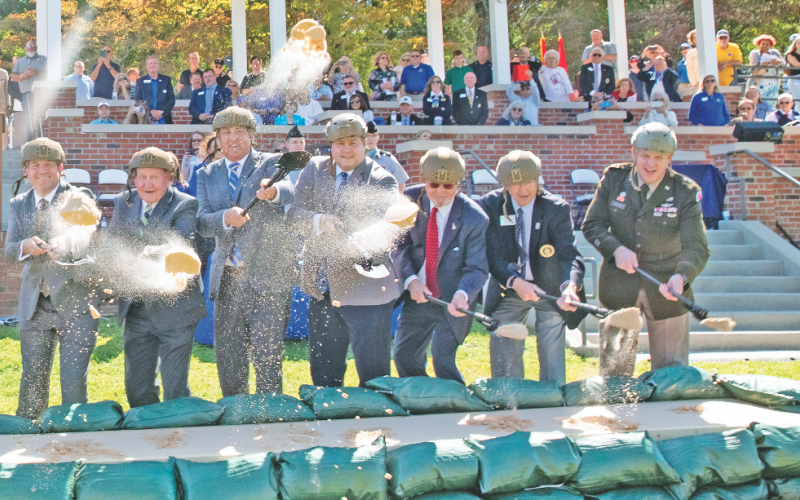 Many dignitaries and supporters gathered to celebrate the groundbreaking for the future Military Science Center on the Dahlonega campus including, from left, UNG President Michael Shannon, University System of Georgia Chancellor Sonny Perdue, State Sen. Steve Gooch, State Rep. Will Wade, University System of Georgia Regent Jim Syfan, retired Col. Wayne Dill, and UNG alumnus Maj. Gen. Dwayne Wilson—commanding officer of Georgia Army National Guard. (Photo by Alyssa Annis/UNG)