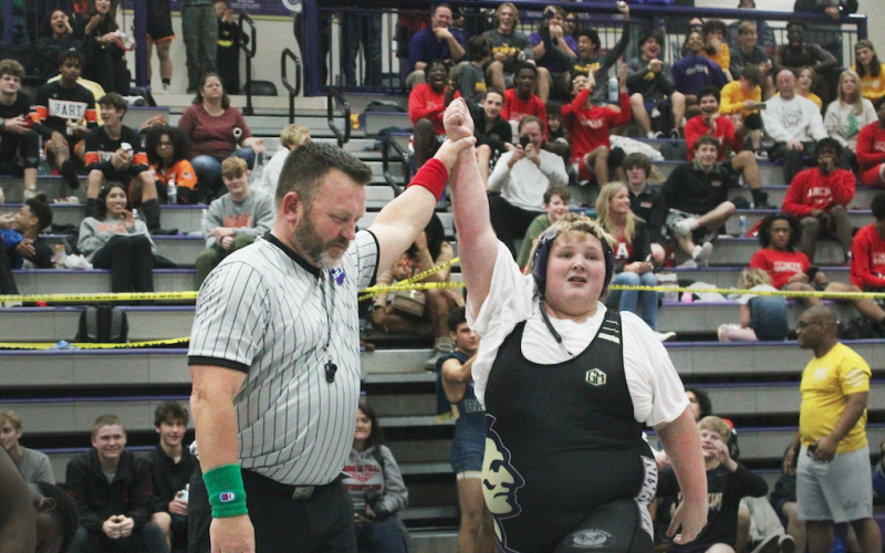 Lumpkin County’s Korbin Mincey celebrates a big comeback win at the Gold City Holiday Nutcracker Tournament.