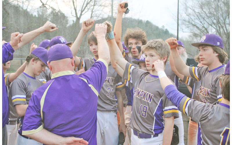 The LCMS baseball team rallies together following the conclusion of the championship game.