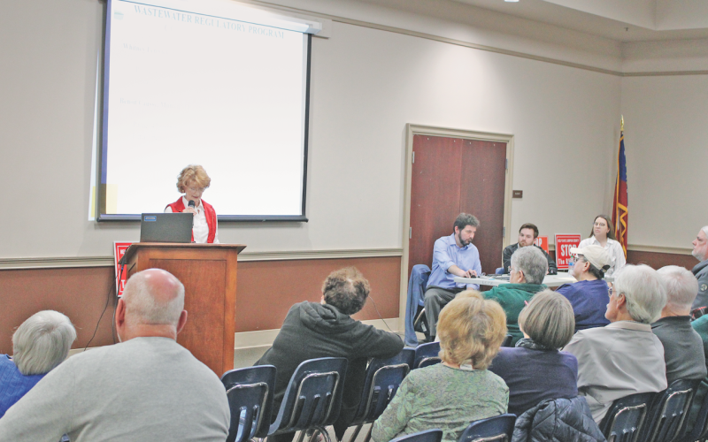 Dahlonega resident Katherine James, a staunch opponent of the DiVine Village RV park, discusses potential environmental impacts of the project as representatives of the Georgia EPD look on.