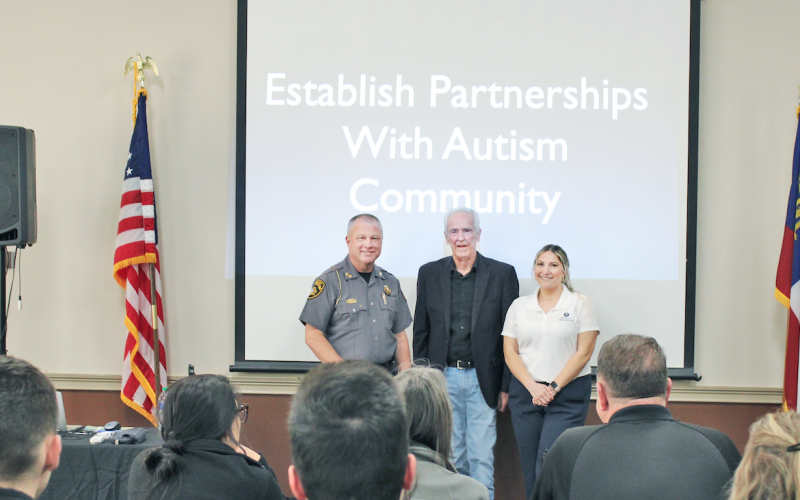 Sheriff Stacy Jarrard, Dennis Debbaudt and Dr. Lyndsy Macri (left to right) spoke to law enforcement officers and other public servants in the Parks &amp; Rec meeting room last Wednesday.