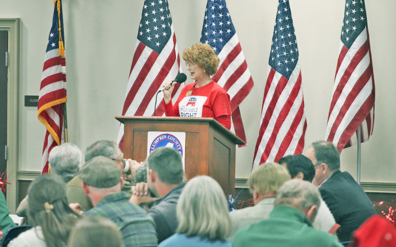 Lumpkin County Republican Party Chair Katherine James addresses the crowd during a recent nonpartisan candidate debate held at Parks &amp; Rec.