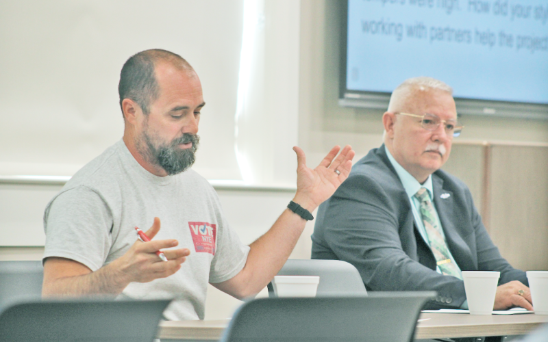 Incumbent Dr. Bobby Mayfield (pictured, right) is facing two challengers for the Lumpkin County Board of Commissioners District 2 seat.  Challenger Jeramy Nye showed up at the debate.  The other challenger, Matthew Cootware, was not in attendance.