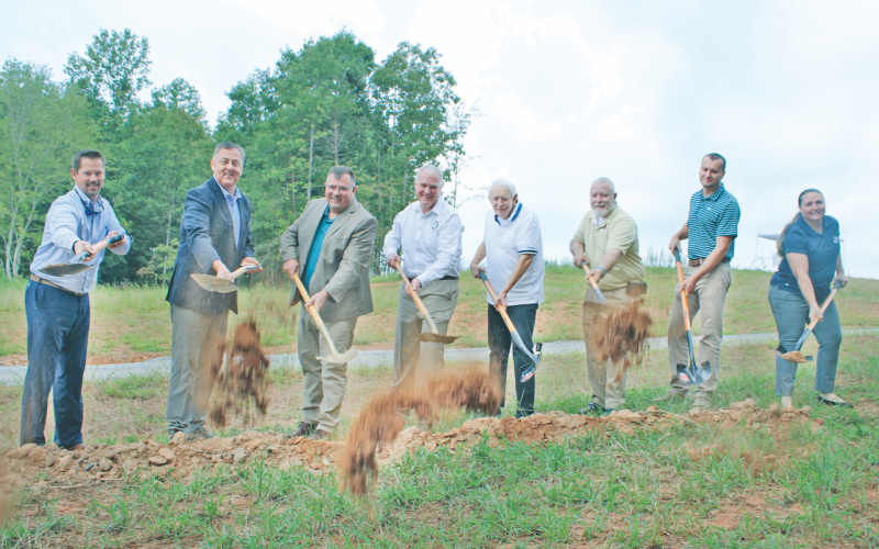 Breaking ground at the site of the new Cane Branch Wastewater Treatment Plant last Wednesday were (left to right) Commissioner Tucker Greene, Senator Steve Gooch, Chairman Chris Dockery, Water &amp; Sewerage Authority Director Sean Phipps, Water &amp; Sewerage Authority Chair Murl Jones, Commissioner Dr. Bobby Mayfield, Commissioner Rhett Stringer and Georgia Environmental Finance Authority Senior Project Manager Amanda Carroll.