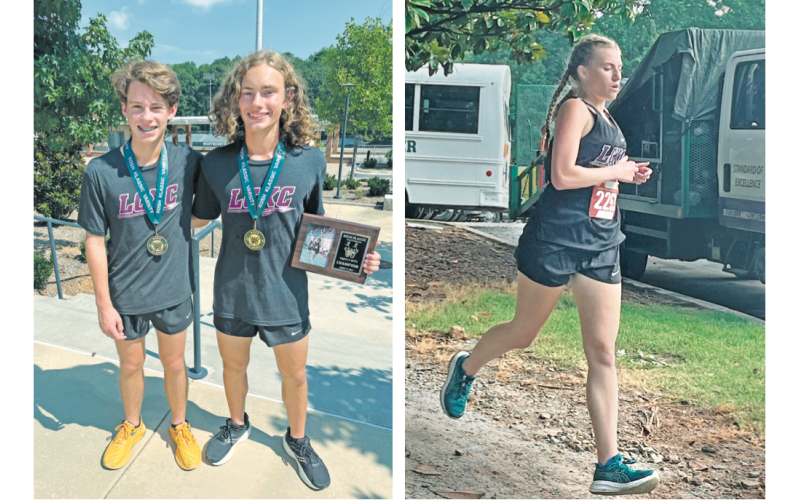 LEFT: Brothers Wyatt and Witt Windham were the team’s highest placers at the Kosh Klassic.  RIGHT: Lumpkin County’s Anna Blake Moyer finished last week’s cross country meet in 38th overall with a time of 25:03.89.
