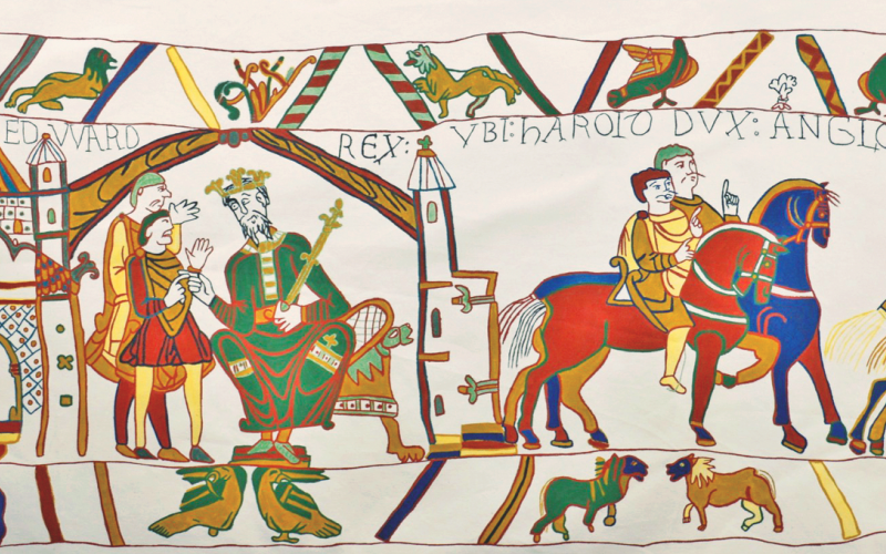 Pictured: Scene 1 from Bayeux Tapestry Replica. The entire work is 224 feet long and is a full-size copy of the Bayeux embroidery in France.