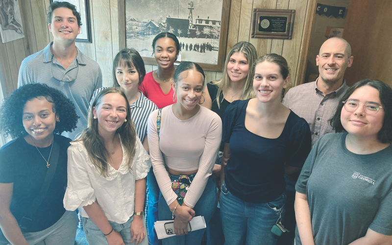 Members of the research team showed up for a meet-and-greet with The Dahlonega Nugget staff on Friday. Pictured are, from left, Samrawit Solomon, Charles Benson, Kerwin Cannon, Katheryn Young, Lauryn Wright, Joyce Bell, Angelina Novelli, Molly Moore, Nugget Publisher John Bynum and Tyler Addison.