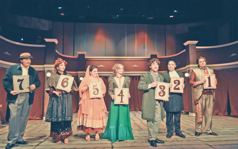 The murder suspects of The Mystery of Edwin Drood line up for the audience to vote on their fate.  Pictured, from left, are Hunter Mauldin, Kim Norton, Haze Ray, Taylor Jarrard, Drew Ferguson, Adam Jarrard and Tristan Carroll.