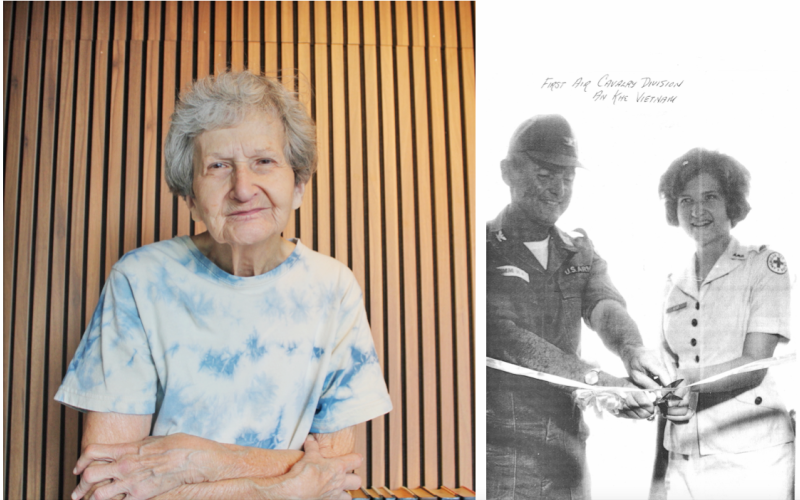 LEFT: “Donut Dollie” Liz Mangum served the troops in Vietnam for a year as part of the American Red Cross.  RIGHT: Mangum said the Red Cross always held a ribbon-cutting when a new recreation center opened, like this one for the First Air Cavalry Division in An Khê, Vietnam.
