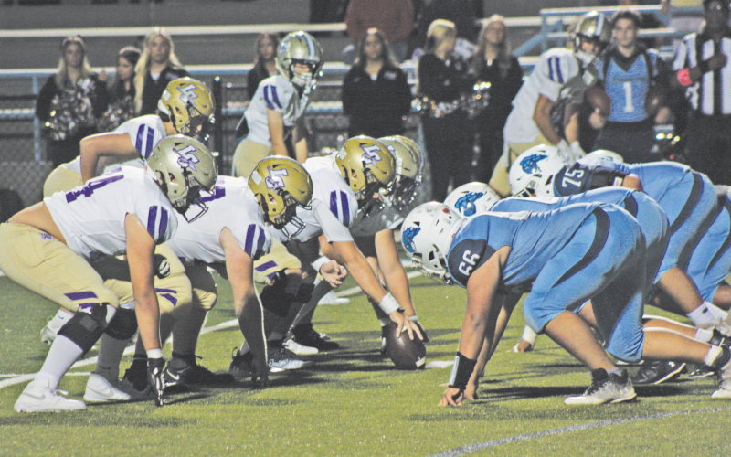 Lumpkin’s Junior Varsity offensive line faces off with Johnson’s Varsity defensive line.