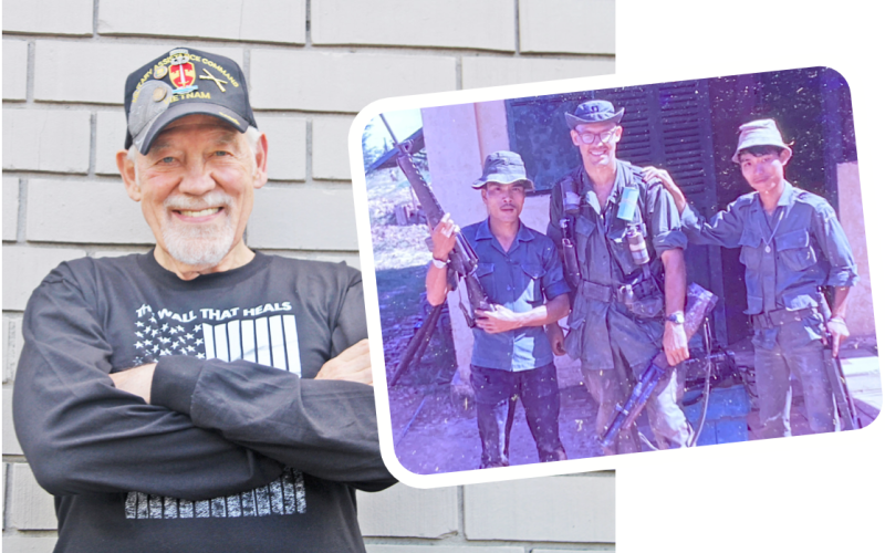 LEFT: Lumpkin County Veterans Affairs Committee Chairman Bill Poole has worked with community partners to bring The Wall That Heals traveling memorial to Dahlonega this week.  RIGHT: Poole is pictured in Vietnam with some local allies.
