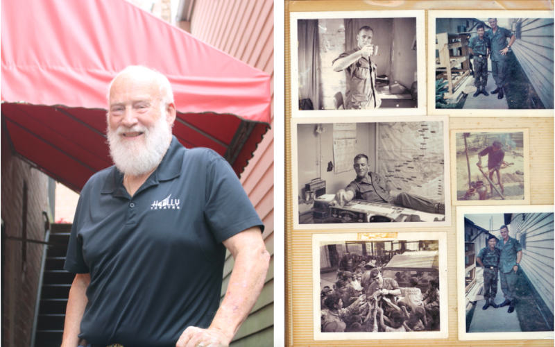 LEFT: Retired U.S. Army Colonel Hal Williams is pictured outside of the historic Holly Theater, where he served as an original board member.  RIGHT: A page from Williams’ journal, titled “Memory of South Vietnam,” depicts the charismatic officer interacting with the local population.