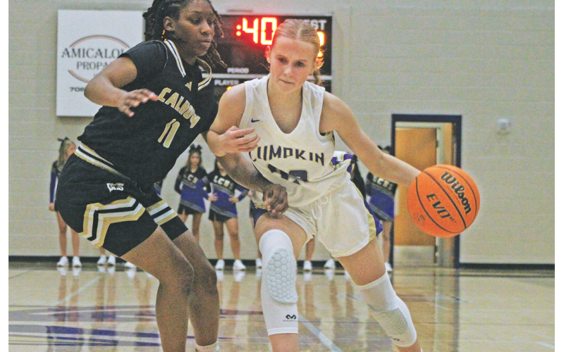 Anna Davis charges down the court and past a Calhoun defender.