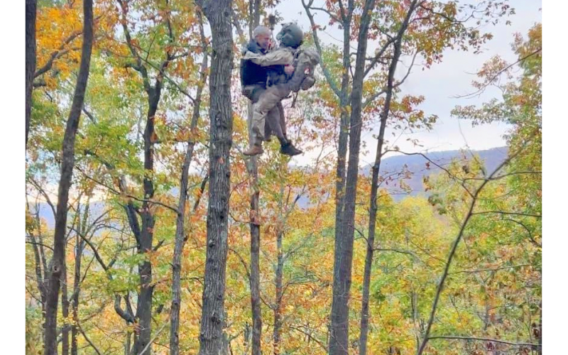 Timothy McCain is airlifted from the Chattahoochee National Forest by rescuers via Black Hawk helicopter after five days in the wilderness. (Photo provided by Union County Emergency Services)