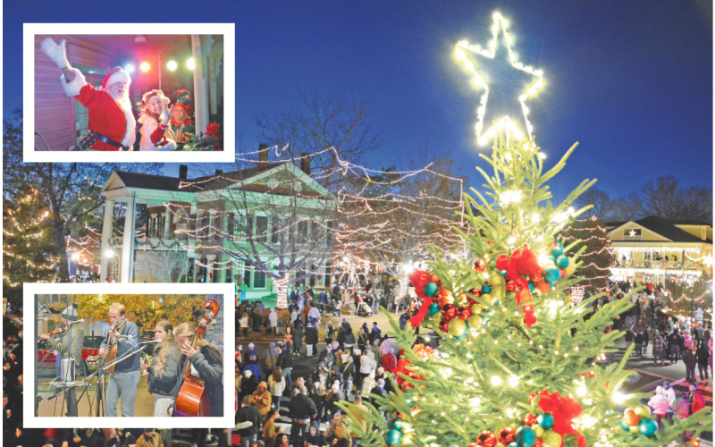 ABOVE: This year, Santa and Mrs. Claus provided just the right amount of holiday magic to illuminate the lights on the tree in front of the Visitors Center and all around the downtown Dahlonega area.  BELOW: Bells and Whistles perform at the lighting of the Festival of Tress in Hancock Park.