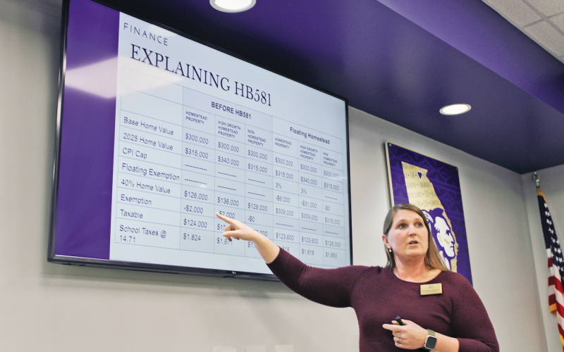Chief Finance Officer Whittney McPherson provides an overview of the possible impact of the upcoming property tax cap during the first of three public hearing before the Lumpkin County School Board last Friday. The next hearings will take place Thursday, January 23  at 11 a.m. and Thursday, January 30 at 5 p.m.