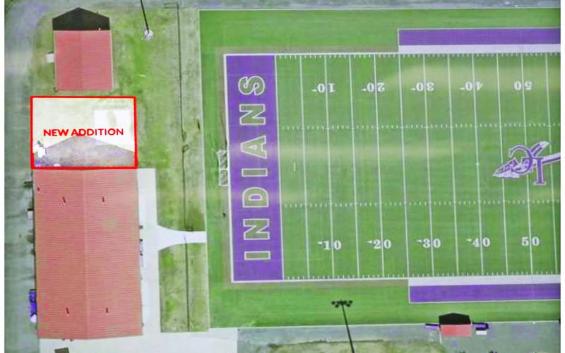 A modified aerial photograph depicts where a “new addition” to the Lumpkin County Indians home field house could be built later this year.