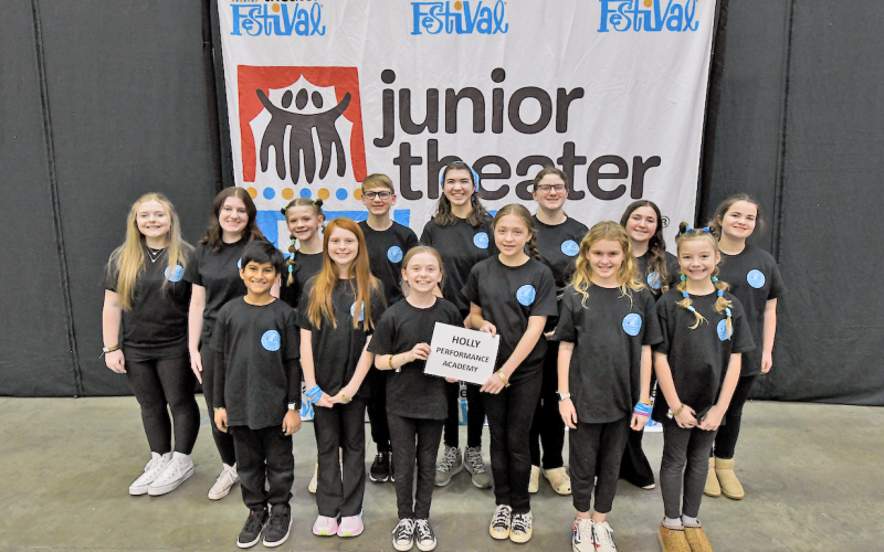 Holly Performance Academy students who competed at the Junior Theater Festival in Atlanta included (top row, from left) Briana Conway, Sadie Wallace, Catherine Boyd, Jacob Parker, Lily Blackston, Gillian Day, Olivia Reed and Rose Reed. Pictured (bottom row, from left) are: Arin Singla, Lilah Boyle, Peytonrose Bunch, Freya Yavaliollah, Ailey Smith and Ellie Wilson. Not pictured is Olathe Potter.
