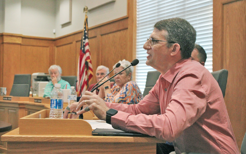 Dahlonega Planning Commission member Noah Steinberg asks about a plan for up to 88 apartment units fronting on Torrington Drive and Hamp Mill Road.