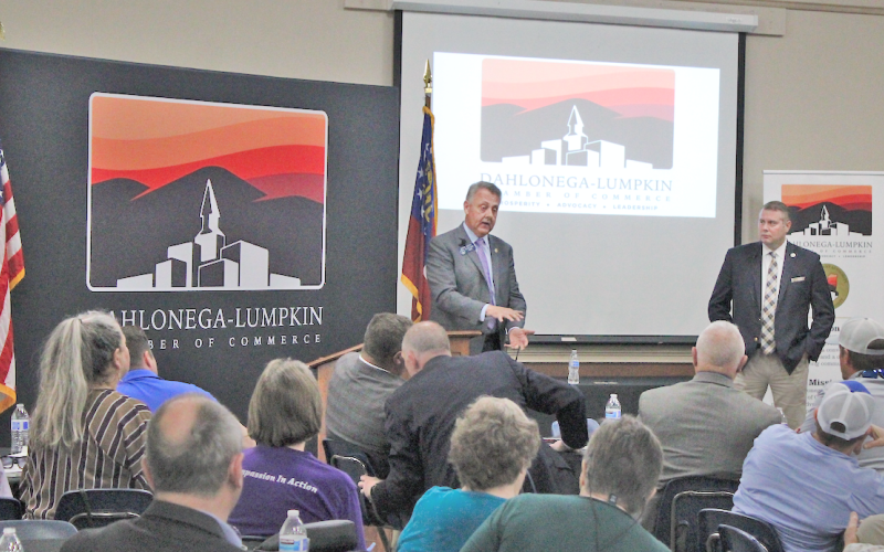Senator Steve Gooch (left) answers audience questions during the Q&amp;A portion of the State of the State luncheon. Representative Will Wade also participated in the annual event, which summarized legislative action from this year’s General Assembly session.