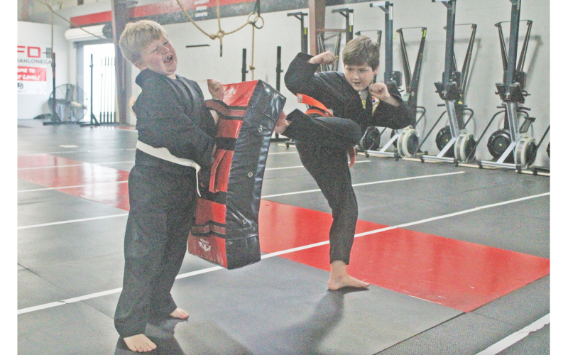 Zeke Perkins holds his ground as Aiden Hawkins practices a thunderous kick during Hapkido practice.
