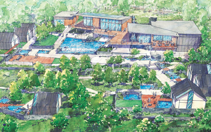 A rendering of Nordika Thermal Experience shows the early plans for an expansive spa complex that's slated for opening in 2028.