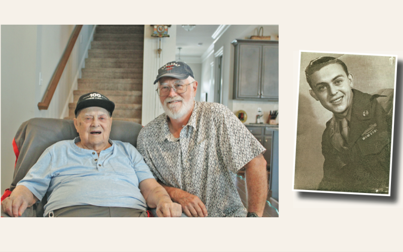 WWII veteran and Lumpkin resident Arthur Hugh “Pete” Hardy turns 100 on October 14. His unit received a Presidential Citation for extraordinary heroism during the Battle of the Bulge. He is pictured at home with his neighbor and close friend Lee Tidmore. (Far right: an Army photo shows Hardy in France shortly before returning home.)