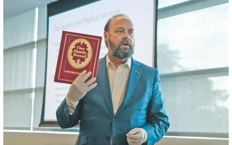 Guest speaker Dr. Andrew Leavitt discusses how genealogy led to his own interest in the Bayeux Tapestry.