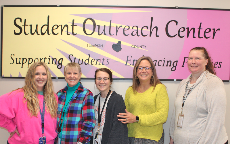 Pictured at the local Student Outreach Center are (from left) Coordinator Makenzy Horne, LBES Family Advocate Patricia Jarvis, CES &amp; LCMS Family Advocate Taylor Anderson, Lumpkin County Family Connections Director Brigette Barker and Backpack Buddies Attendant Jennifer Trotter.