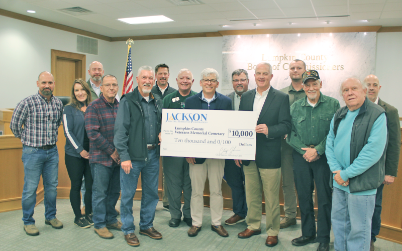 Representatives of Jackson EMC presented a donation of $10,000 for the Lumpkin County Veterans Cemetery during a recent Board of Commissioners meeting. All local funds raised for the project are being matched, in $50,000 increments, by the Lowell S. and Betty L. Dunn Foundation.