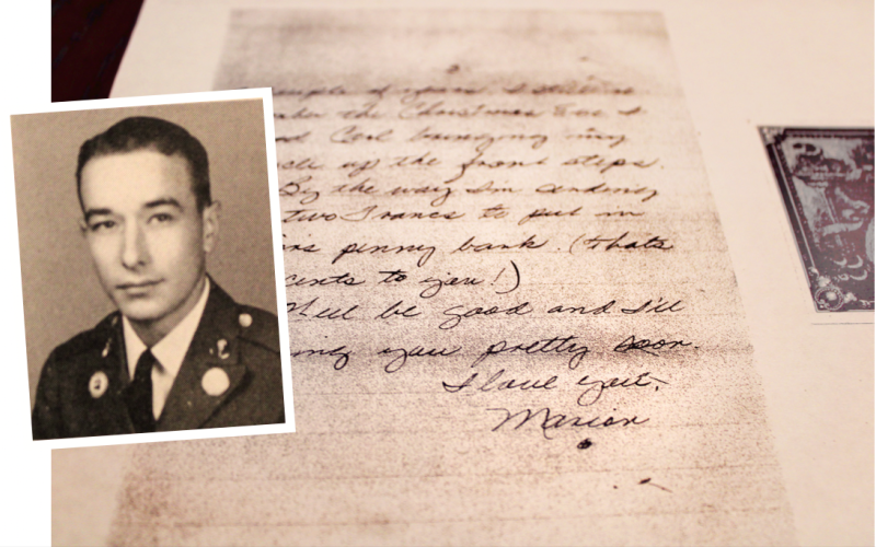 One wartime letter by Marion Hatcher included a French bank note, presumably intended for a younger sibling. “By the way I’m sending you two Francs to put in Junior’s penny bank (That’s four cents to you!),” Hatcher wrote to his parents.