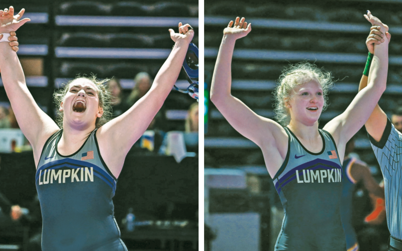 Lumpkin County wrestlers pictured: (left) sophomore Faith Jones captures her first Traditional State Championship; and (right) Greta Garbuzovas makes state history as one of the first ever four-time Girls State Champions.