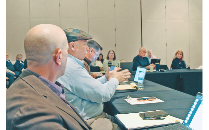 Commissioner Dr. Bobby Mayfield shares his thoughts during a recent working retreat at Unicoi State Park Lodge in Helen. Additional folding tables and chairs were brought in to accommodate Lumpkin residents who traveled to attend the meeting.
