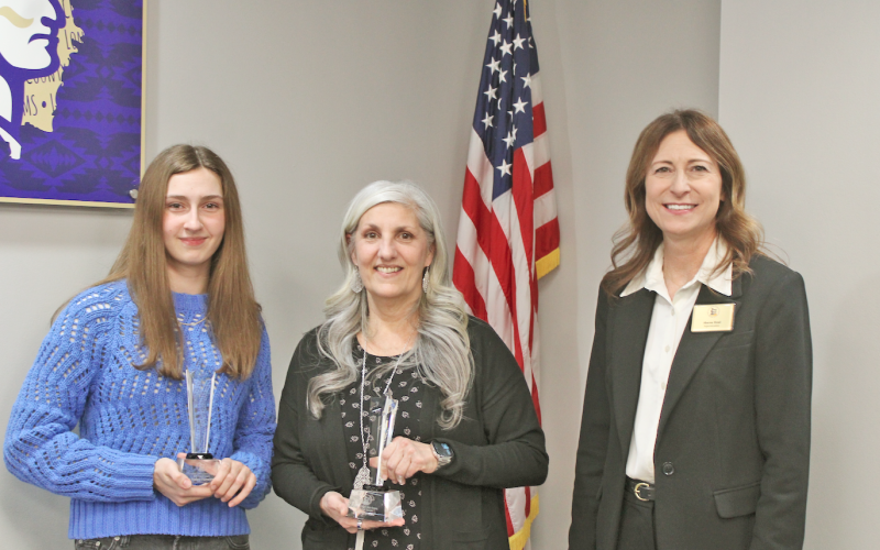 Lumpkin County High School’s 2025-2026 Star Student, senior Haley Hayes (left), joins her Star Teacher choice Lisa Lopresti (center) and Superintendent Sharon Head during a ceremony at the January 12 Board of Education meeting.